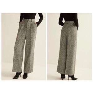 Commense Wide Leg Pants Women L Black White Tweed Wool Blend High Rise Pleated